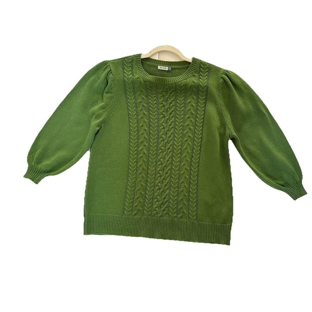 Green Cable-knit Women's Sweater with Puff Sleeves Size L